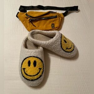 Smiley Face Slippers and Yellow Waist Bag